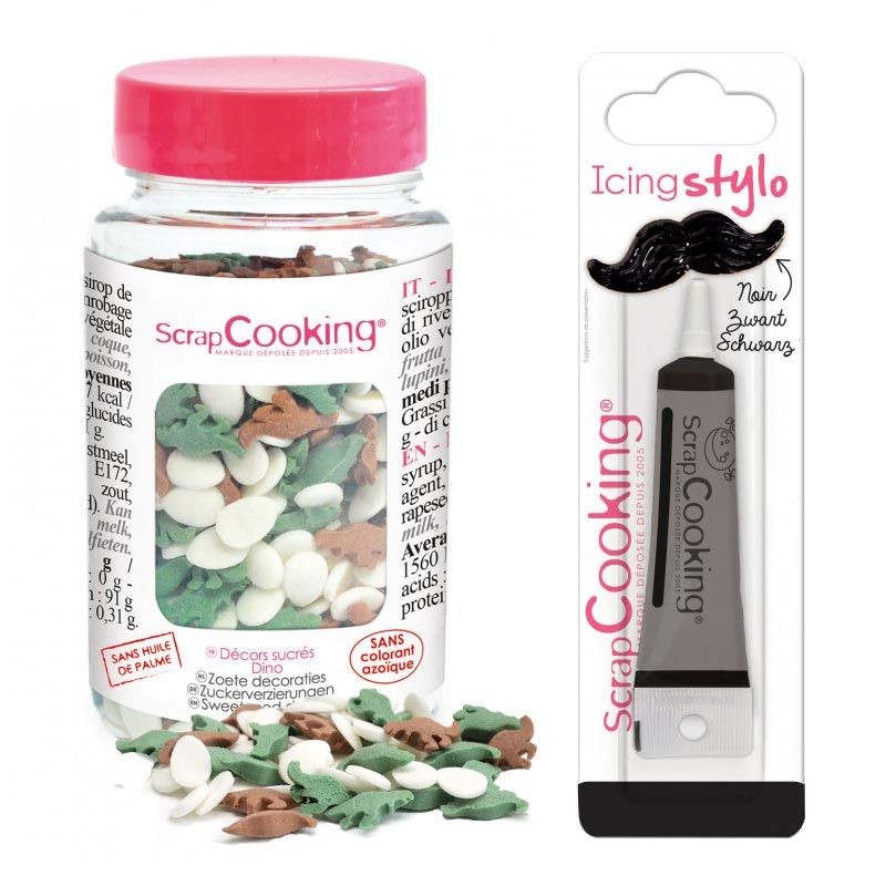Décors sucrés dinosaures 55 g + Stylo de glaçage noir Scrapcooking - Mathon