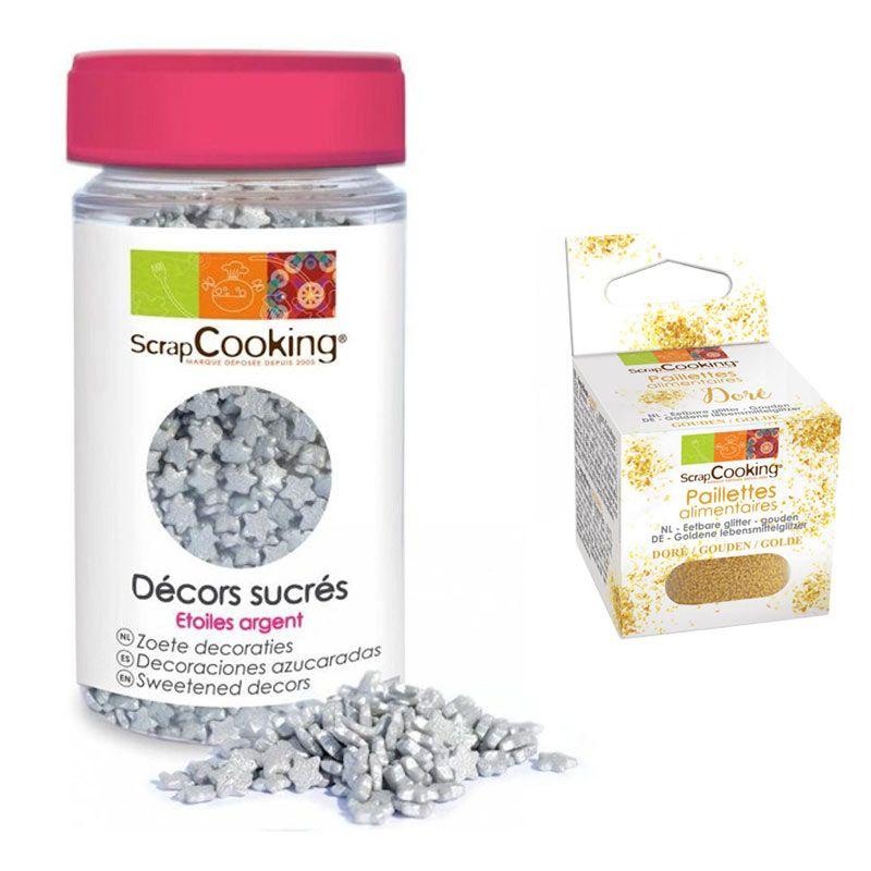 Décors sucrés étoiles argentées + paillettes dorées Scrapcooking - Mathon