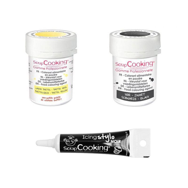 2 colorants alimentaires noir-jaune pastel + Stylo glaçage noir Scrapcooking - Mathon