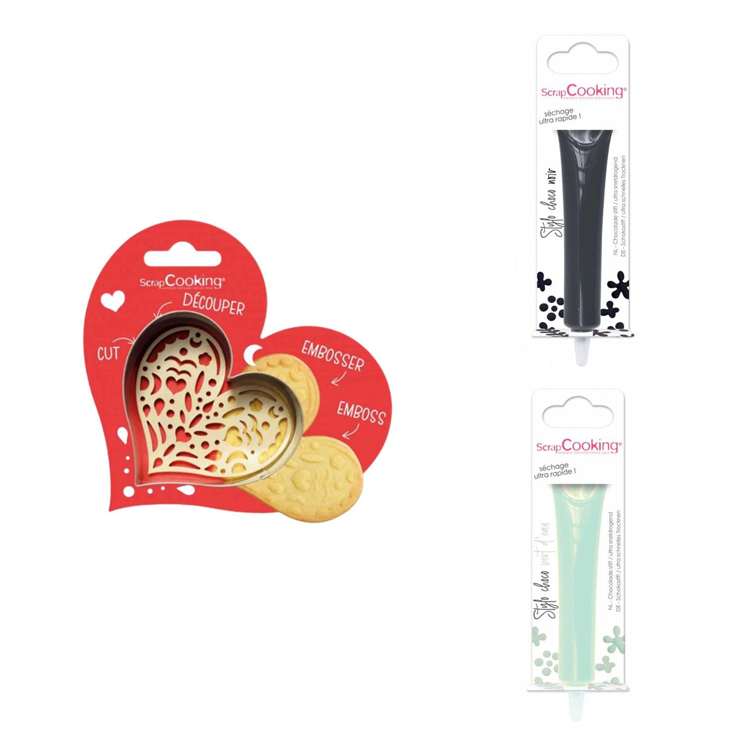 Kit pour biscuit en relief Coeur + 2 Stylos au chocolat noir et vert d