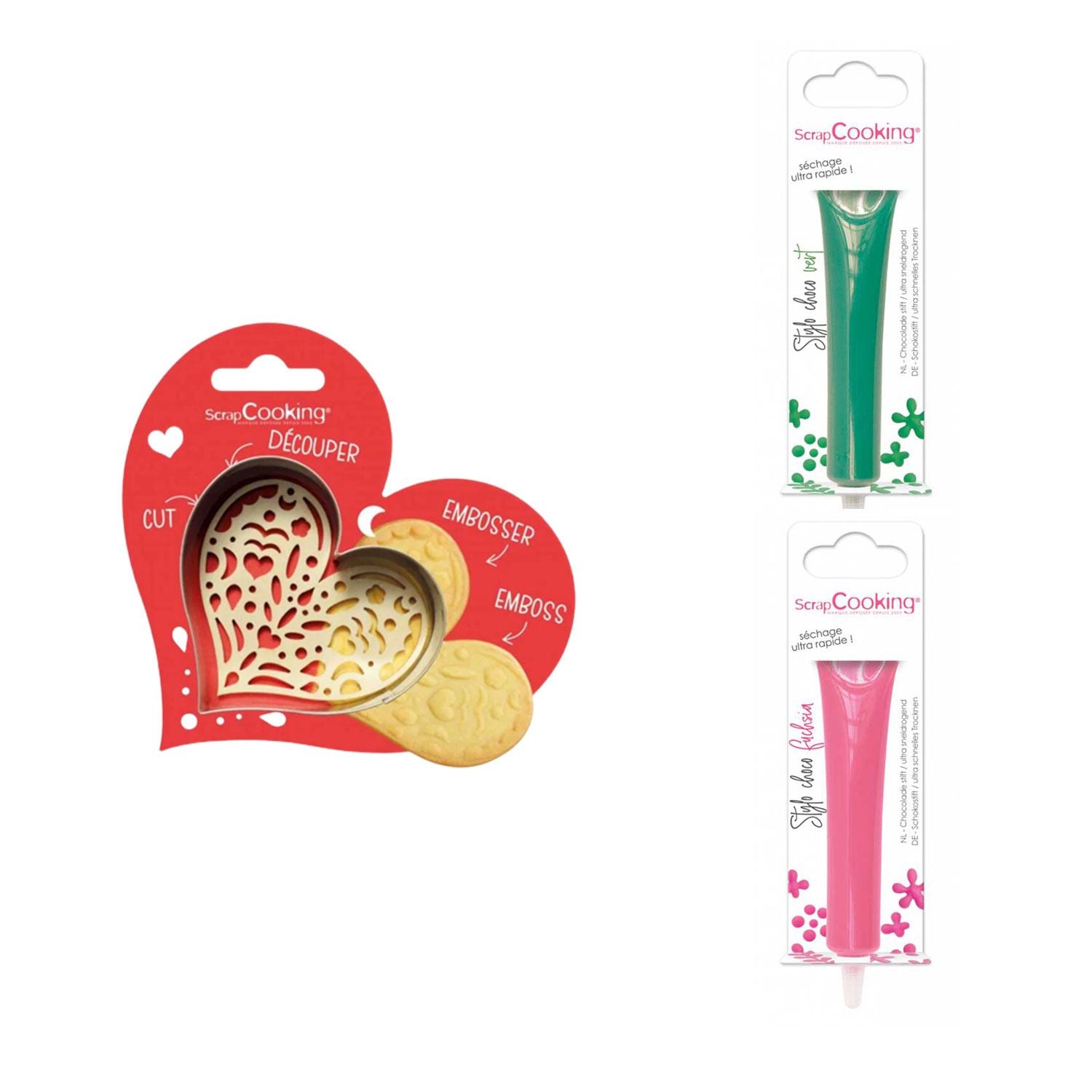 Kit pour biscuit en relief Coeur + 2 Stylos au chocolat vert et fuchsia Scrapcooking - Mathon