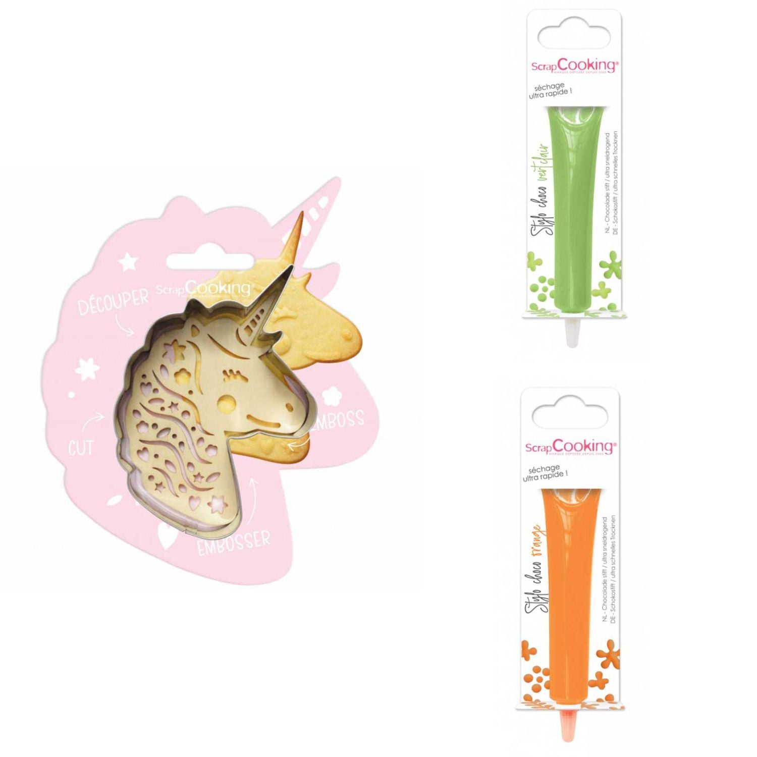 Kit pour biscuit en relief Licorne + 2 Stylos au chocolat vert clair et orange Scrapcooking - Mathon