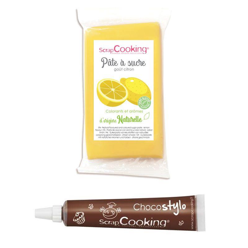 Pâte à sucre jaune 250 g arôme citron + Stylo chocolat Scrapcooking - Mathon