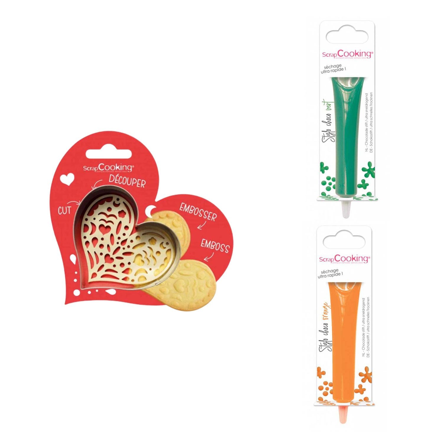 Kit pour biscuit en relief Coeur + 2 Stylos au chocolat vert et orange Scrapcooking - Mathon