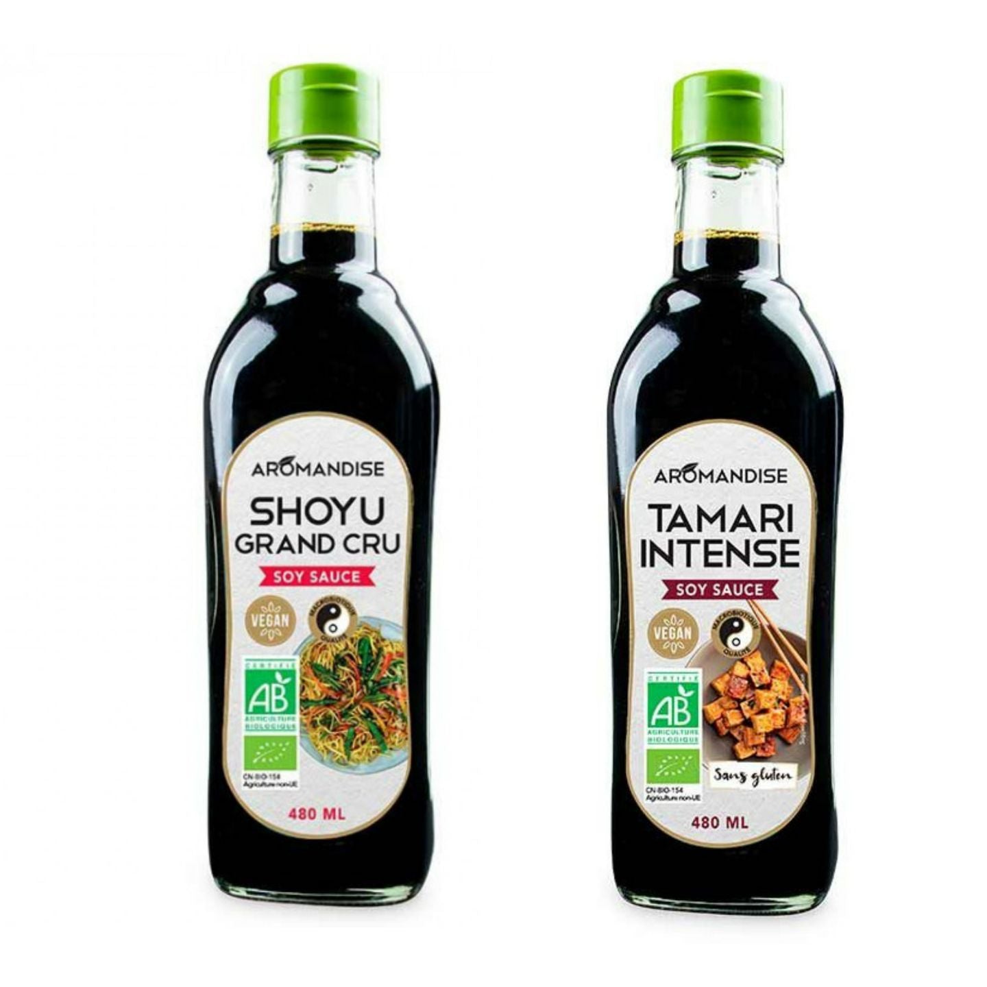 Duo de Sauces Soja Bio Shoyu et Tamari : 2 x 0,48 L Aromandise - Mathon
