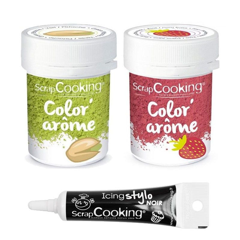 2 colorants alimentaires fraise & pistache + Stylo glaçage noir Scrapcooking - Mathon
