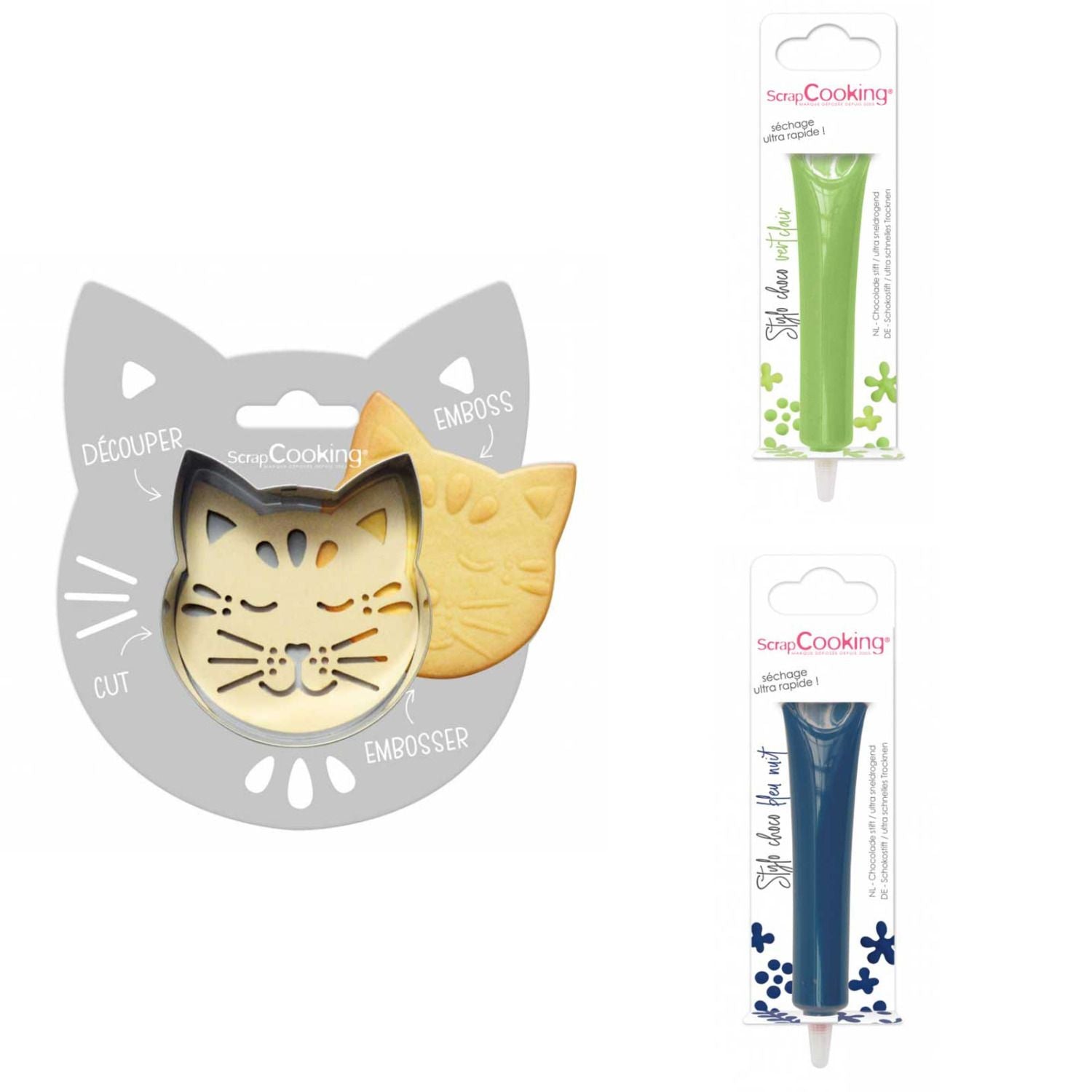 Kit pour biscuit en relief Chat + 2 Stylos au chocolat vert clair et bleu nuit Scrapcooking - Mathon