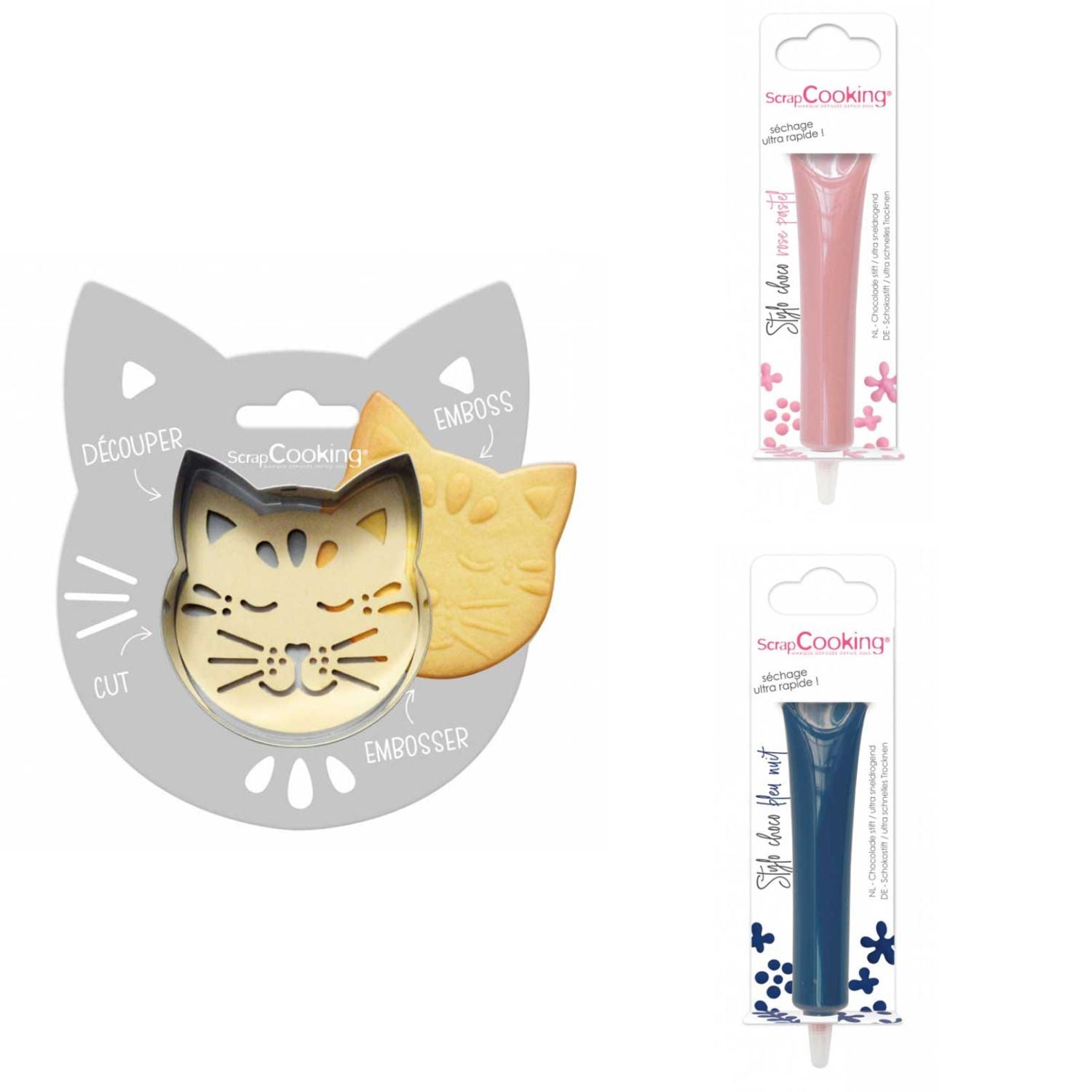 Kit pour biscuit en relief Chat + 2 Stylos au chocolat rose pastel et bleu nuit Scrapcooking - Mathon
