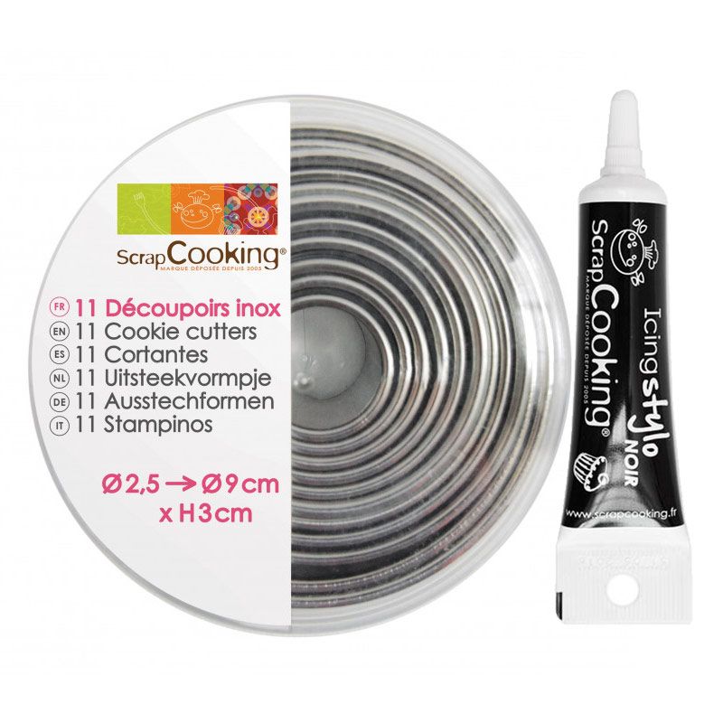 11 emporte-pièces ronds en inox + Stylo de glaçage noir Scrapcooking - Mathon