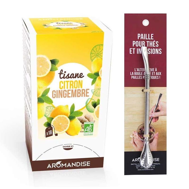 Tisane gingembre et citron bio 20 sachets + paille inox avec filtre Aromandise - Mathon