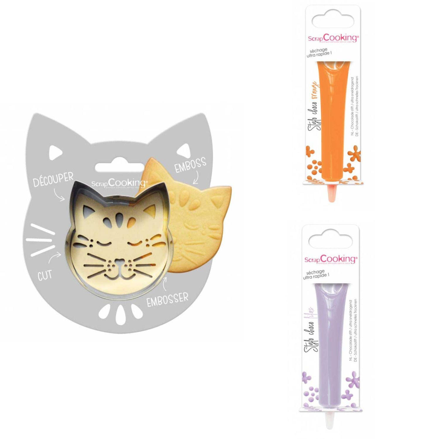 Kit pour biscuit en relief Chat + 2 Stylos au chocolat orange et lilas Scrapcooking - Mathon