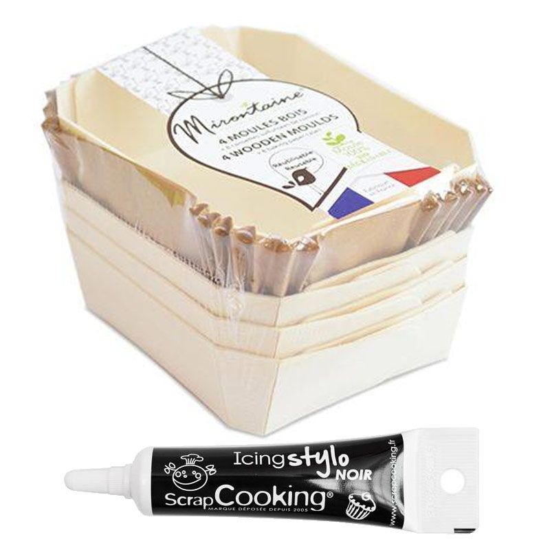 4 moules individuels en bois rectangle + 8 caissettes sulfurisées de cuisson + Stylo de glaçage noir Scrapcooking - Mathon