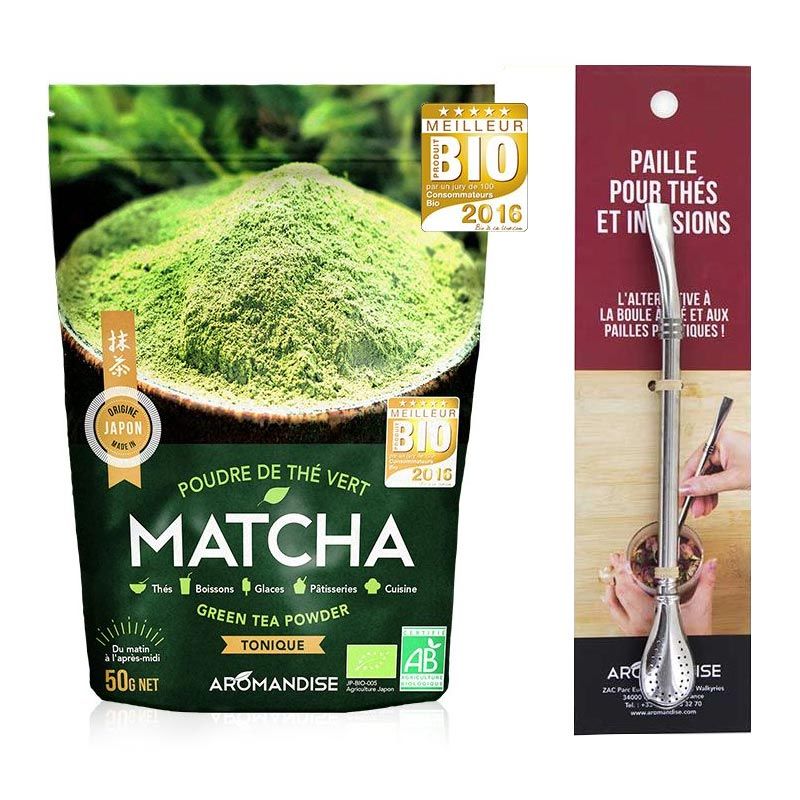 Thé vert bio Matcha en poudre 50 g + paille inox avec filtre Aromandise - Mathon