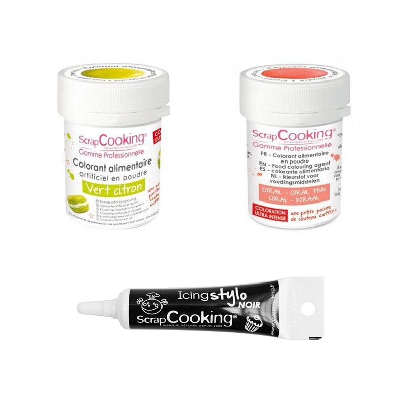 2 colorants alimentaires vert citron-corail + Stylo glaçage noir Scrapcooking - Mathon