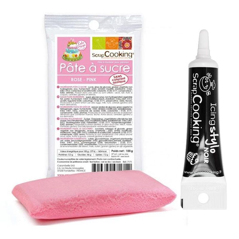 Pâte à sucre rose 100 g + Stylo de glaçage noir Scrapcooking - Mathon