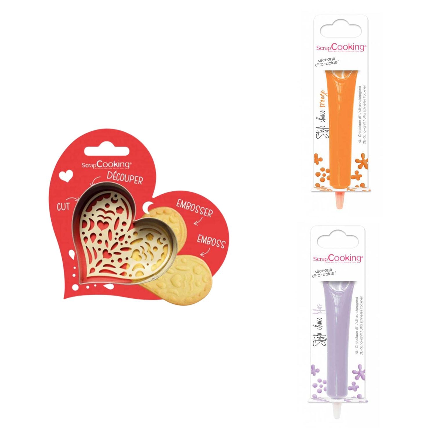 Kit pour biscuit en relief Coeur + 2 Stylos au chocolat orange et lilas Scrapcooking - Mathon