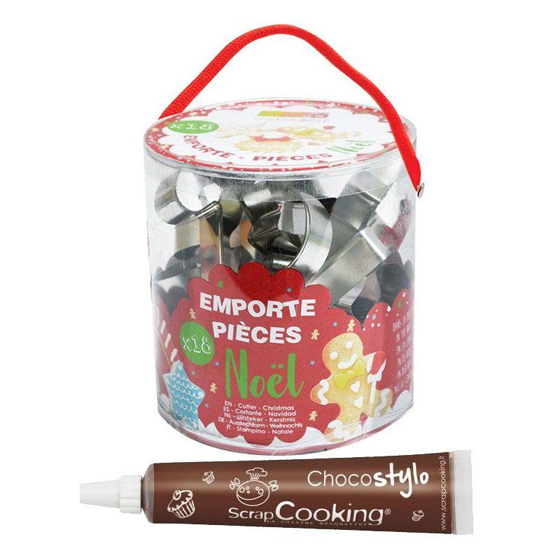 Seau de 18 emporte-pièces en inox Noël + 1 Stylo chocolat Scrapcooking - Mathon