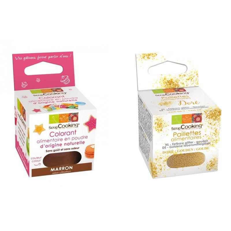 Colorant alimentaire naturel en poudre Marron + paillettes dorées Scrapcooking - Mathon