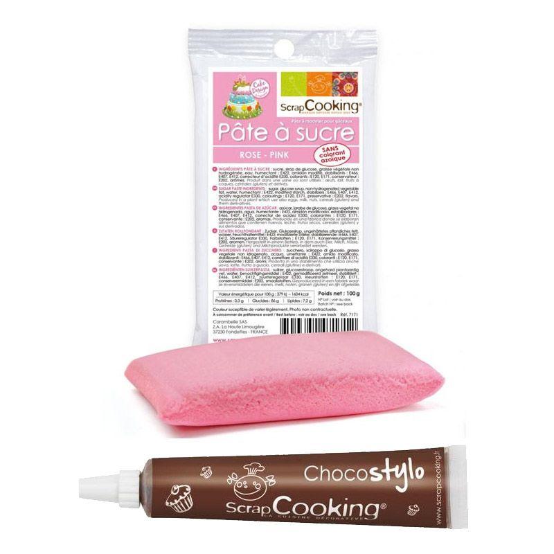 Stylo chocolat + Pâte à sucre rose 100 g Scrapcooking - Mathon