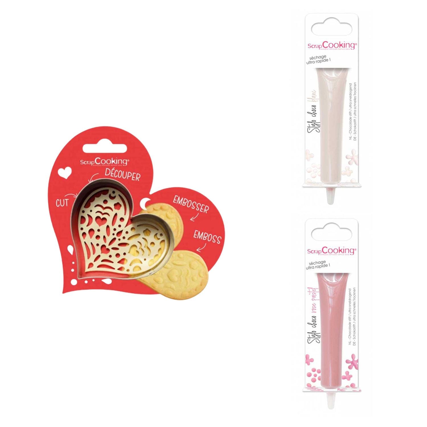 Kit pour biscuit en relief Coeur + 2 Stylos au chocolat blanc et rose pastel Scrapcooking - Mathon