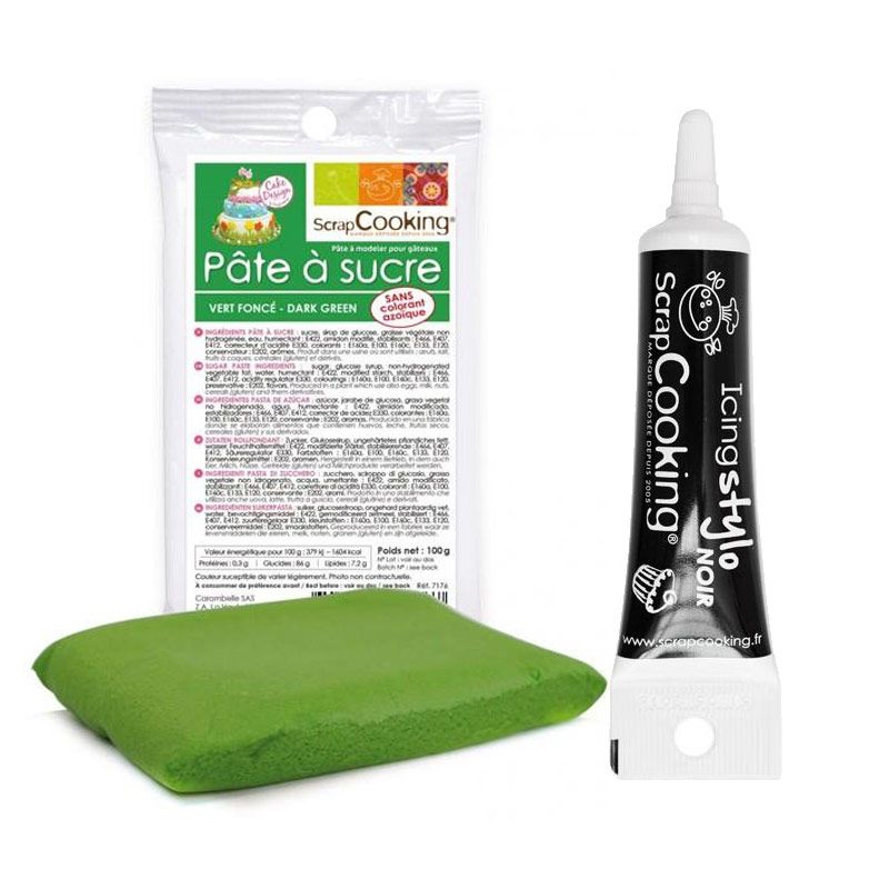 Pâte à sucre vert foncé 100 g + Stylo de glaçage noir Scrapcooking - Mathon
