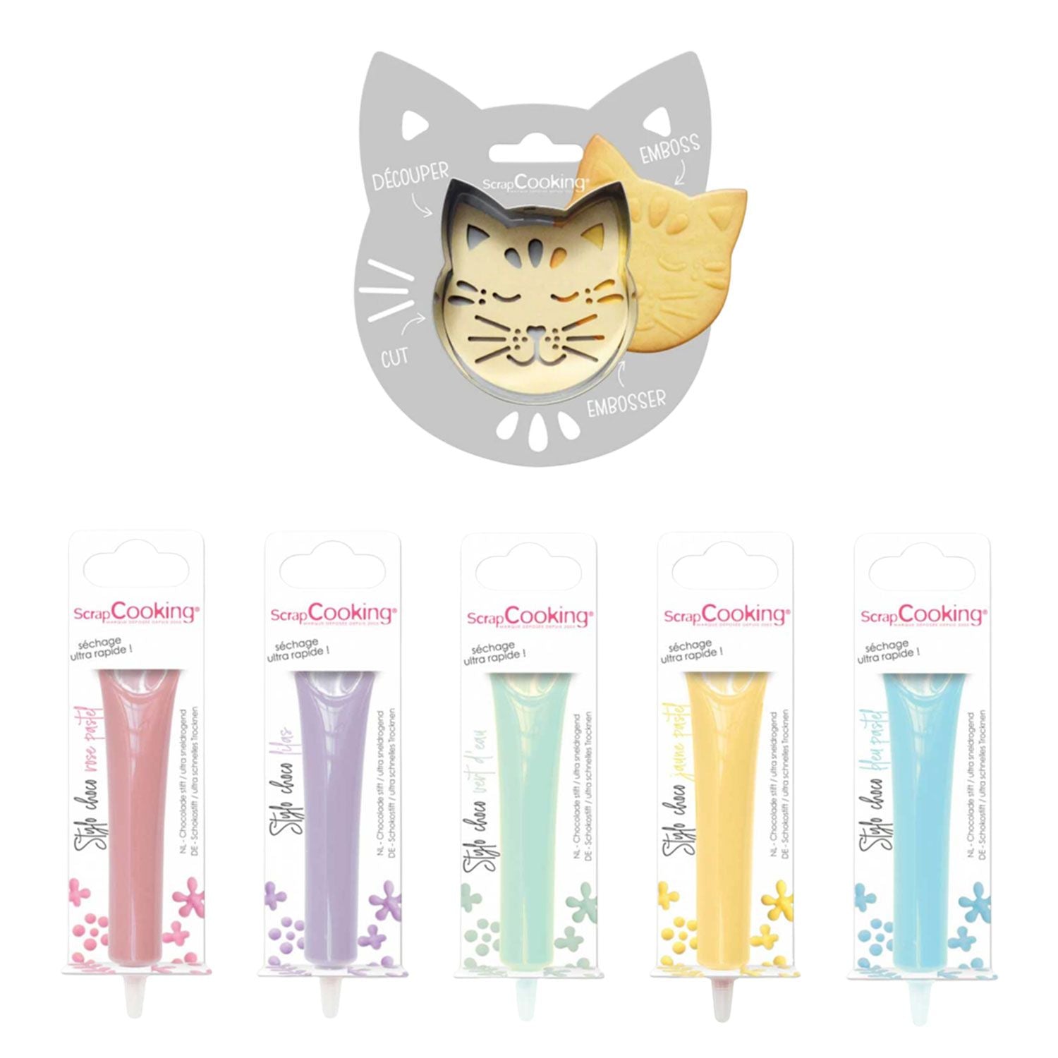 Kit pour biscuits en relief Chat + 5 stylos choco pastel Scrapcooking - Mathon