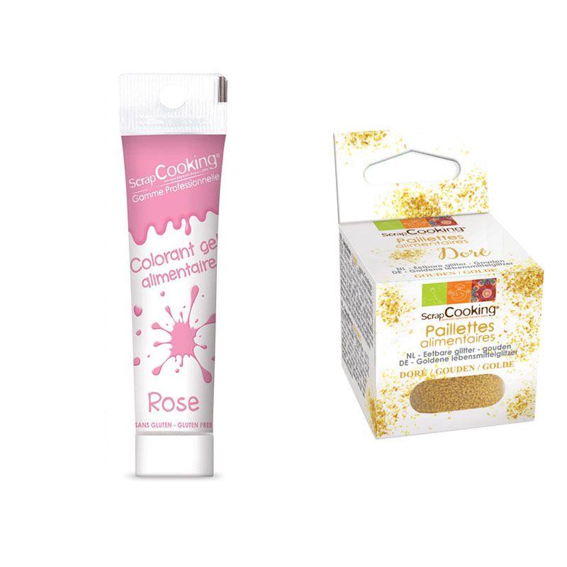 Gel colorant alimentaire rose + paillettes dorées Scrapcooking - Mathon