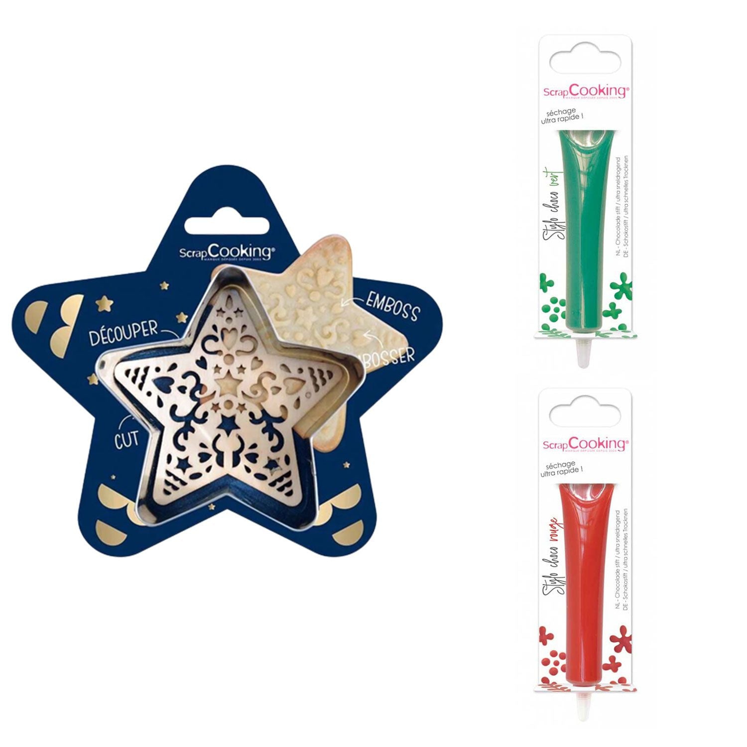 Kit pour biscuit en relief Étoile + 2 Stylos au chocolat vert et rouge Scrapcooking - Mathon