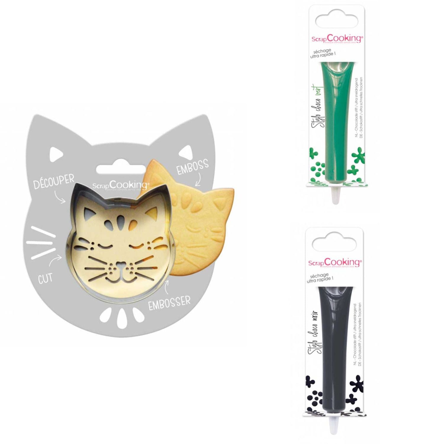 Kit pour biscuit en relief Chat + 2 Stylos au chocolat vert et noir Scrapcooking - Mathon