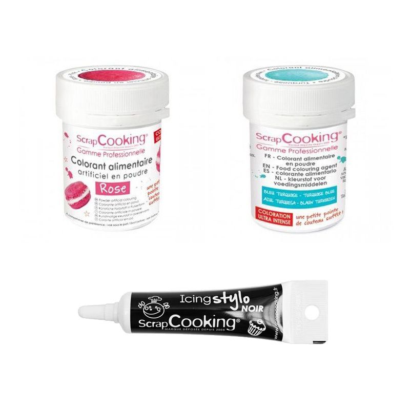 2 colorants alimentaires rose-turquoise + Stylo glaçage noir Scrapcooking - Mathon