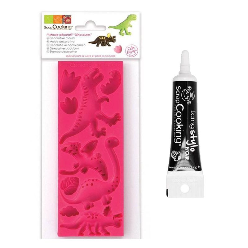 Moule pâte à sucre Dinosaures + Stylo de glaçage noir Scrapcooking - Mathon