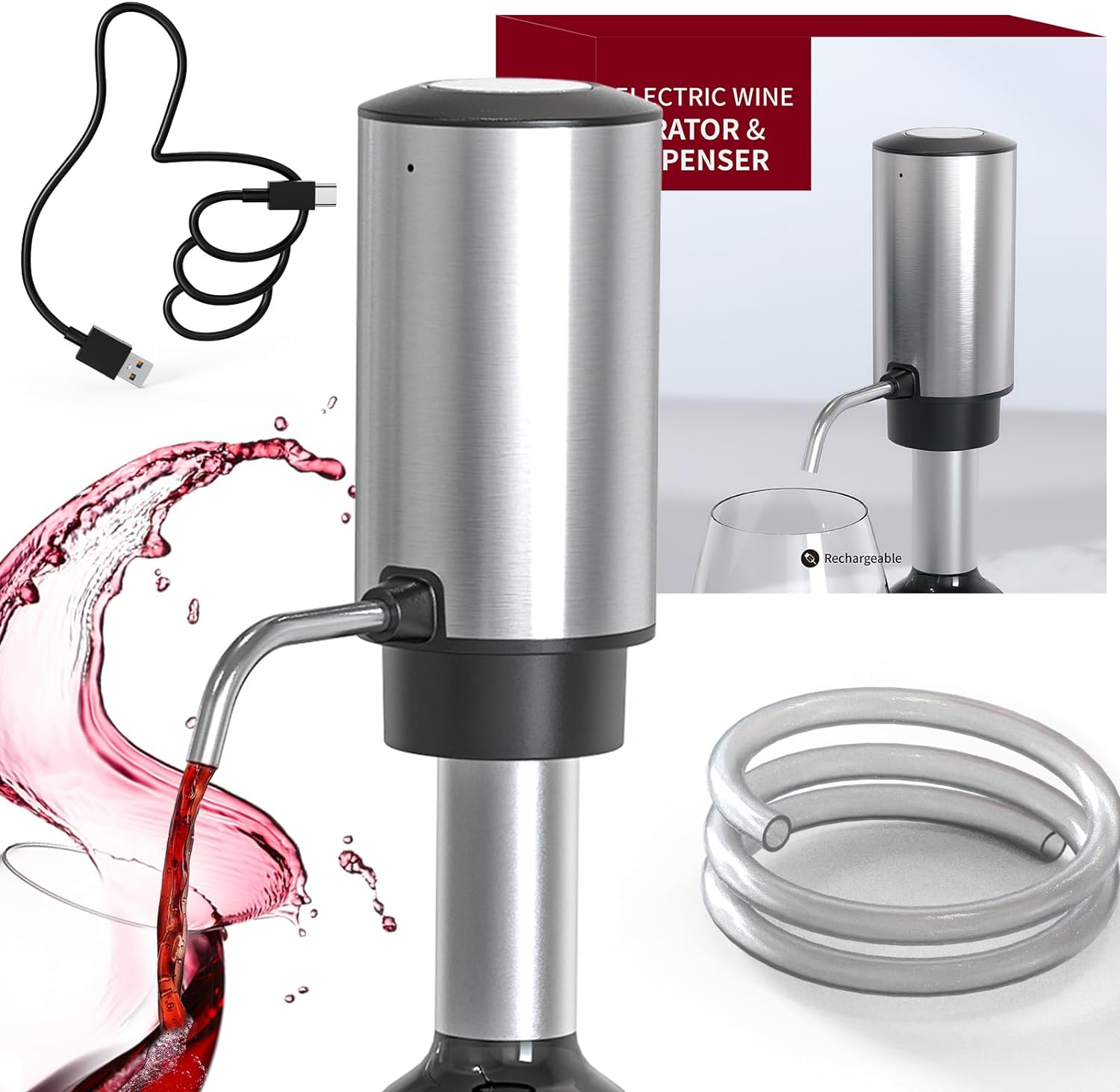 Aérateur de Vin Électrique Verseur Rechargeable 2-en-1 Automatique argent noir Vendos85 - Mathon