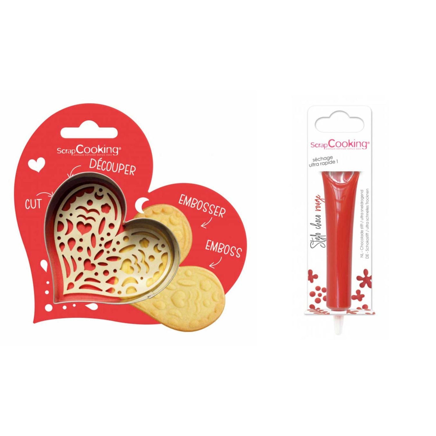 Kit pour biscuit en relief Coeur + Stylo au chocolat rouge Scrapcooking - Mathon