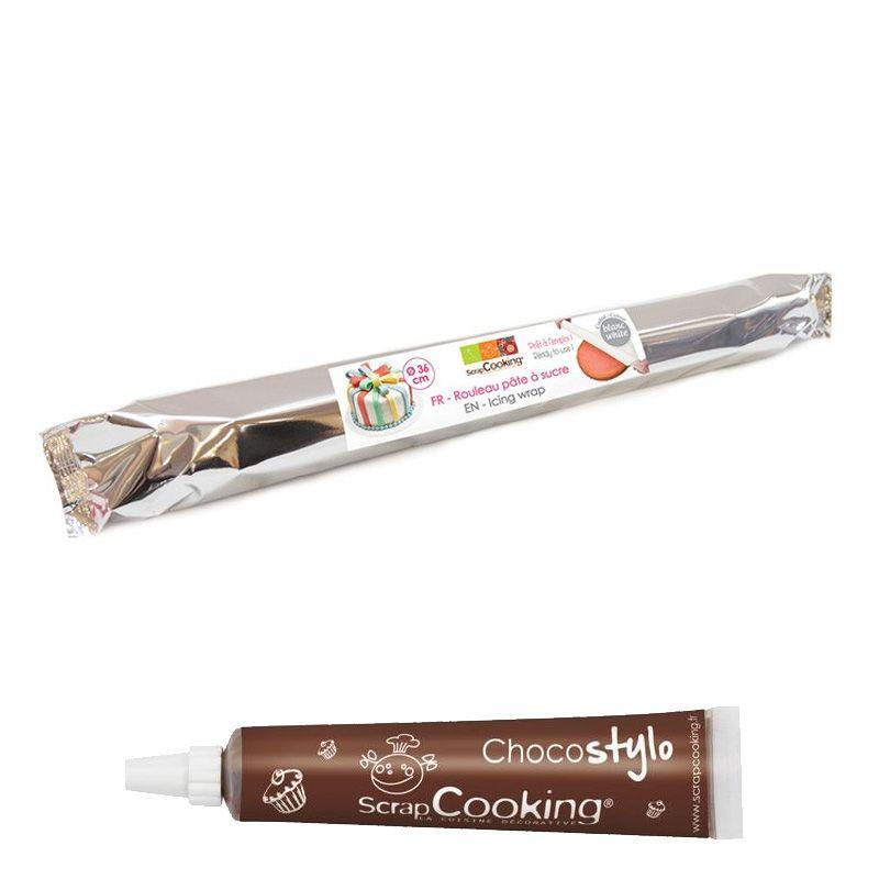 Pâte à sucre en rouleau prête à dérouler Ø 36 cm blanc + 1 Stylo chocolat Scrapcooking - Mathon