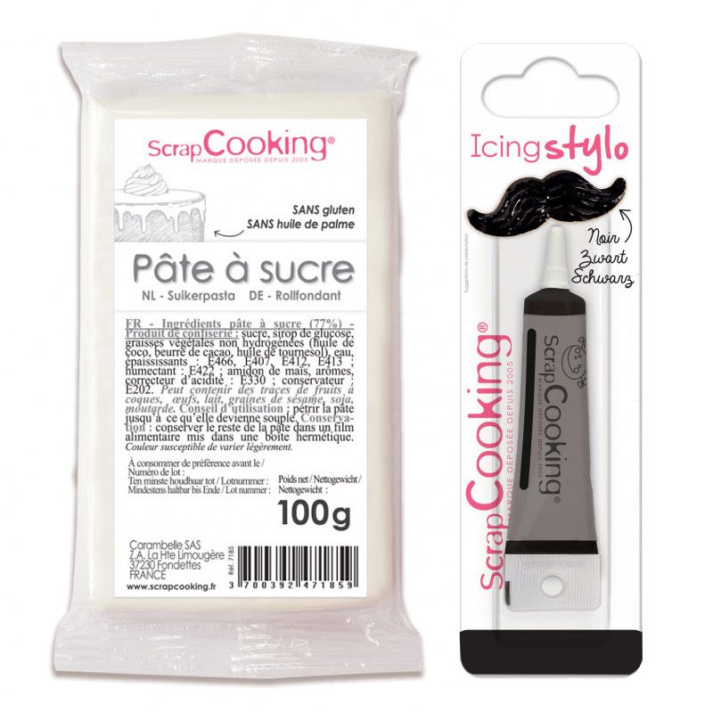 Pâte à sucre blanche 100 g + Stylo de glaçage noir Scrapcooking - Mathon