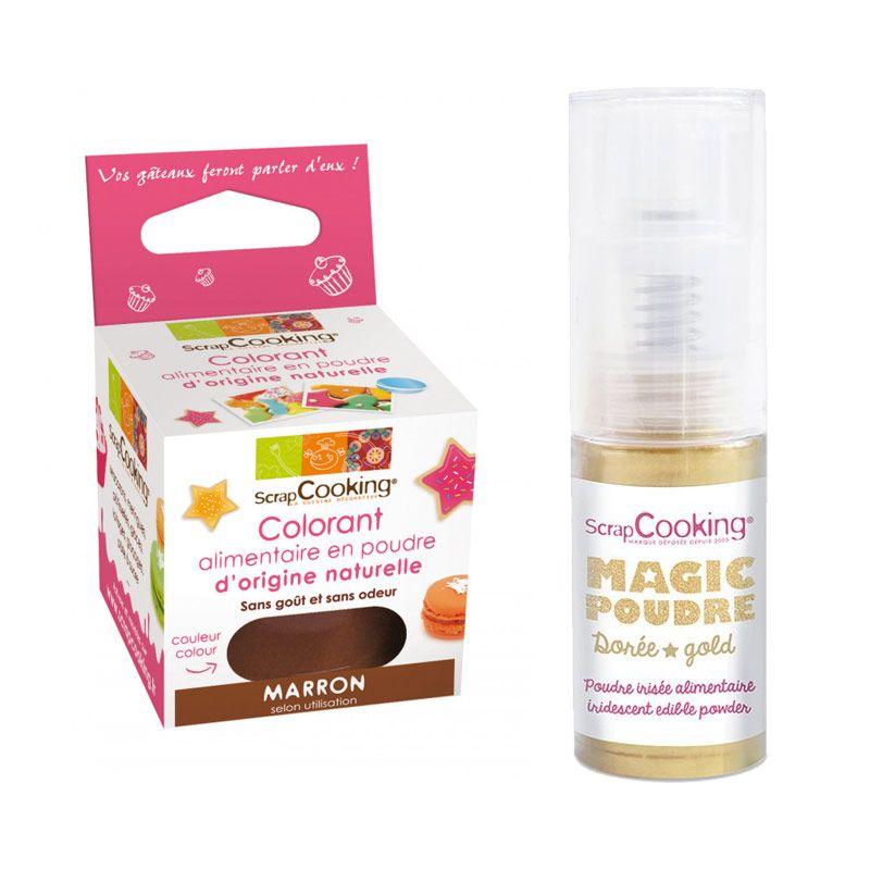 Colorant alimentaire naturel en poudre Marron + Poudre irisée dorée Scrapcooking - Mathon