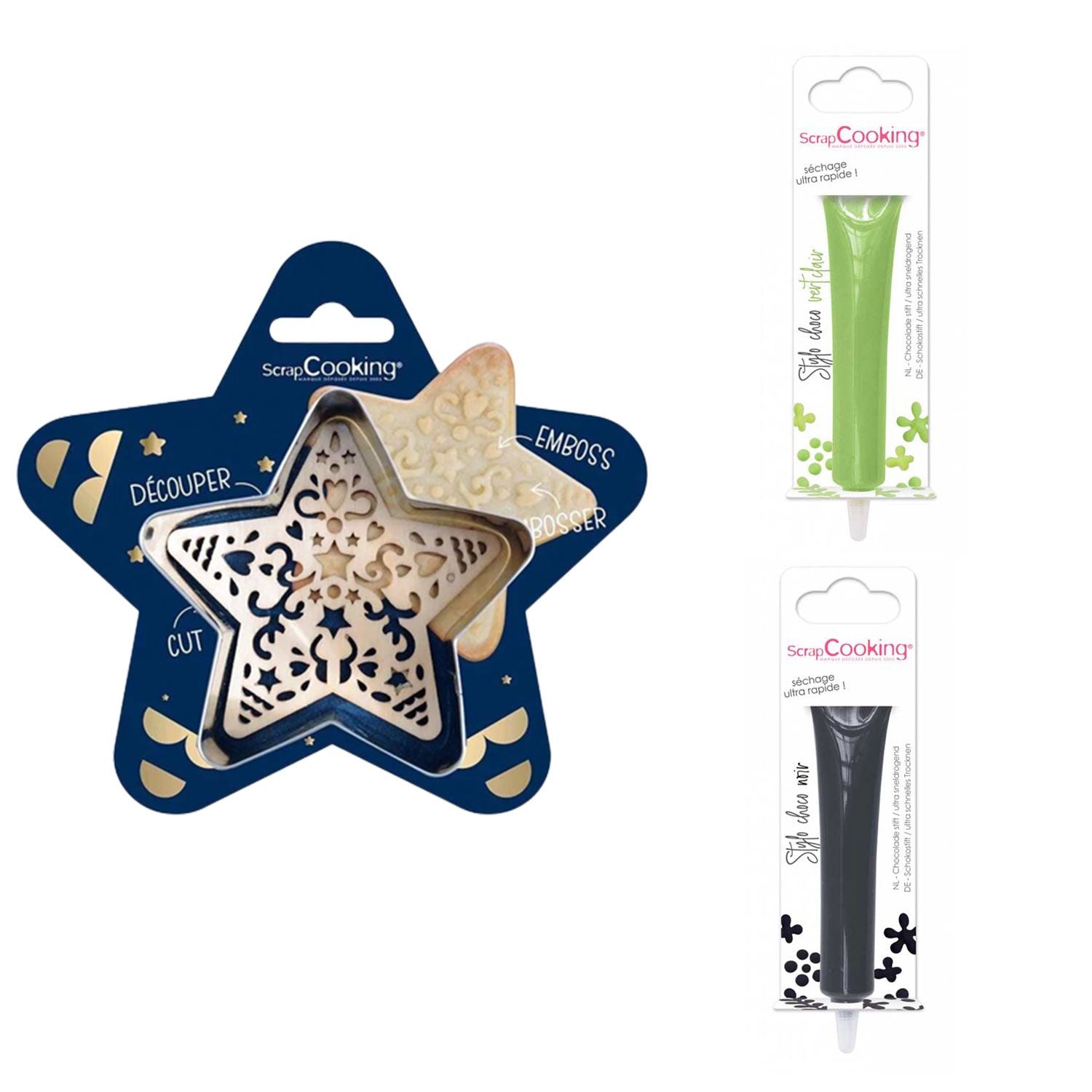 Kit pour biscuit en relief Étoile + 2 Stylos au chocolat vert clair et noir Scrapcooking - Mathon