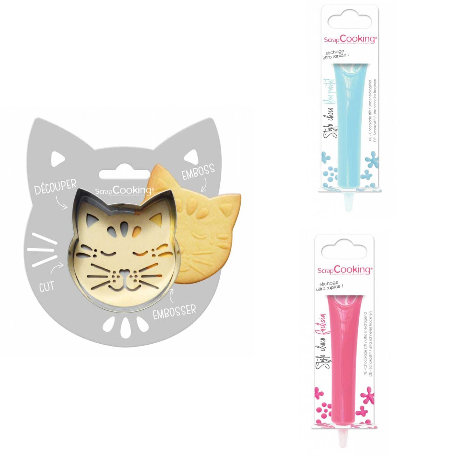 Kit pour biscuit en relief Chat + 2 Stylos au chocolat bleu pastel et fuchsia Scrapcooking - Mathon