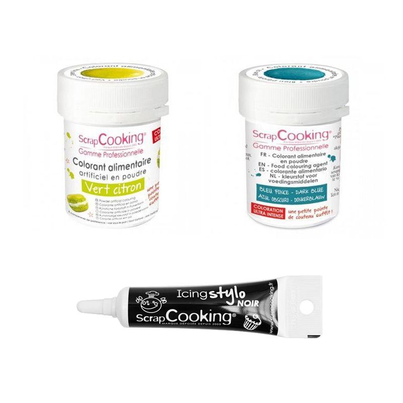 2 colorants alimentaires bleu foncé-vert citron + Stylo glaçage noir Scrapcooking - Mathon