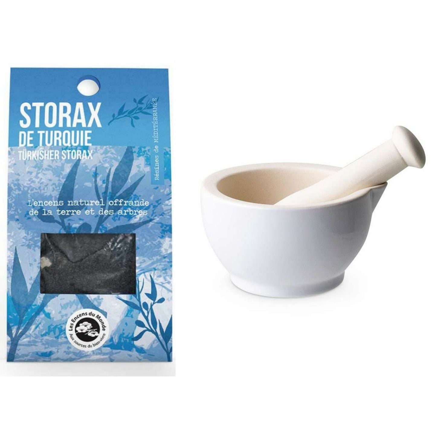 Mortier et pilon en grès blanc + Storax de Turquie Aromandise - Mathon