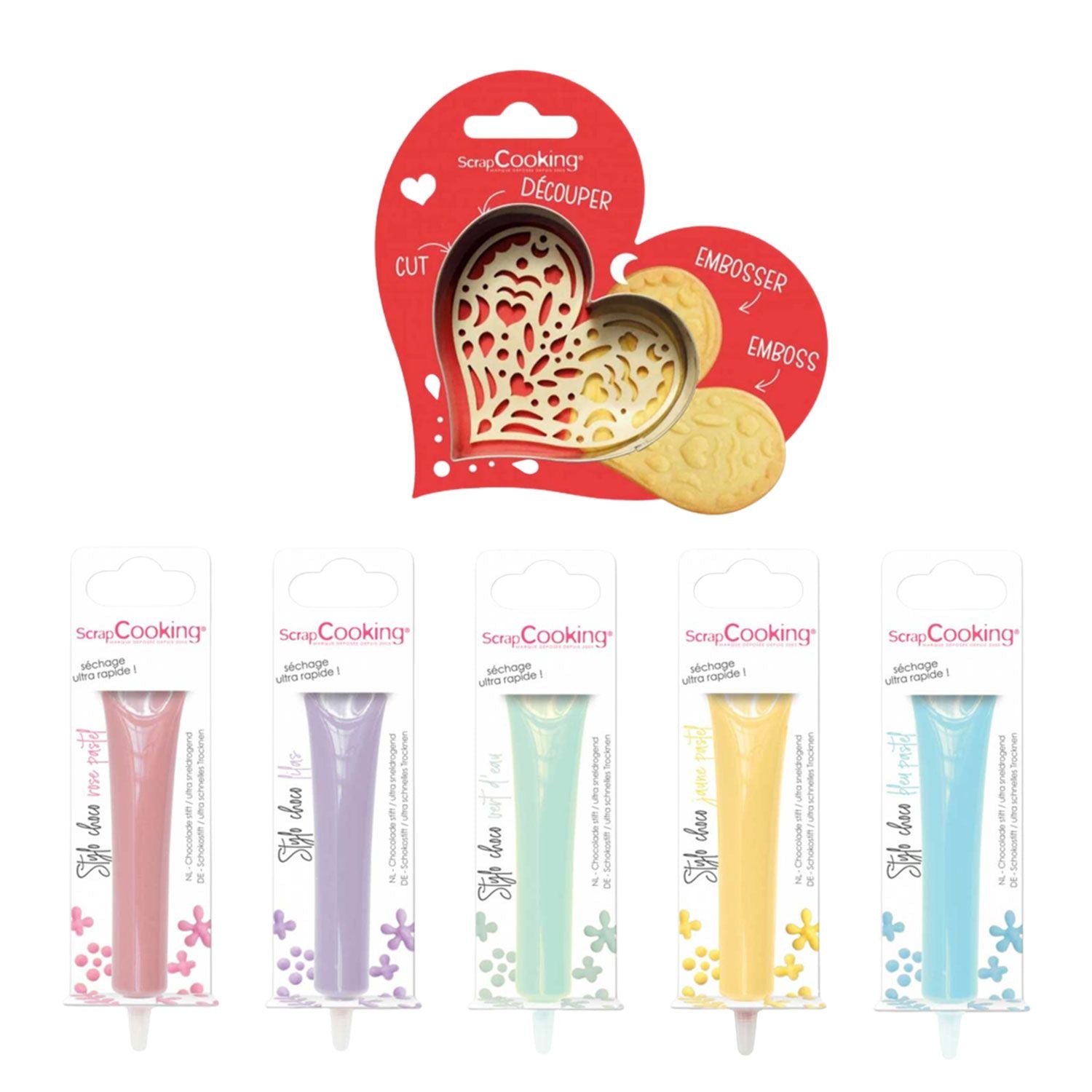 Kit pour biscuits en relief Coeur + 5 stylos choco pastel Scrapcooking - Mathon