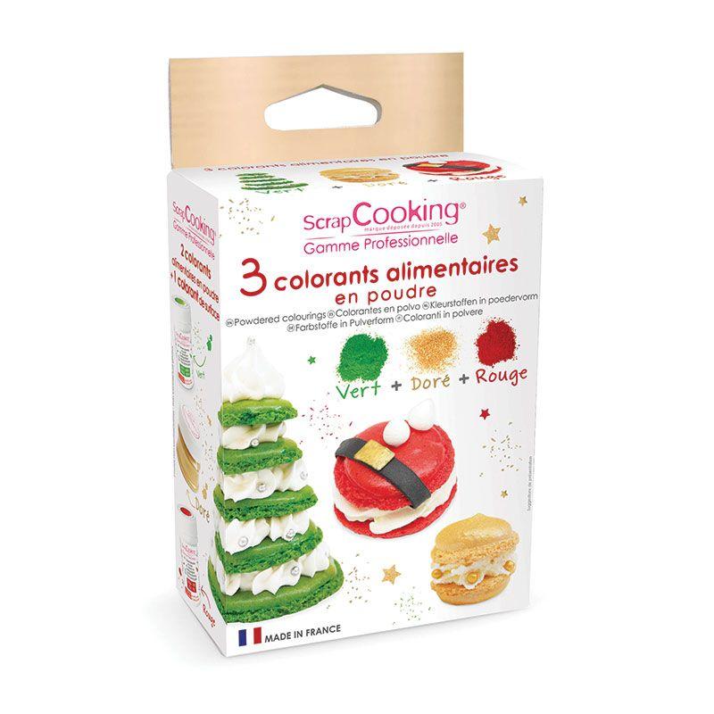 3 colorants en poudre vert, rouge et doré - Edition Noël Scrapcooking - Mathon