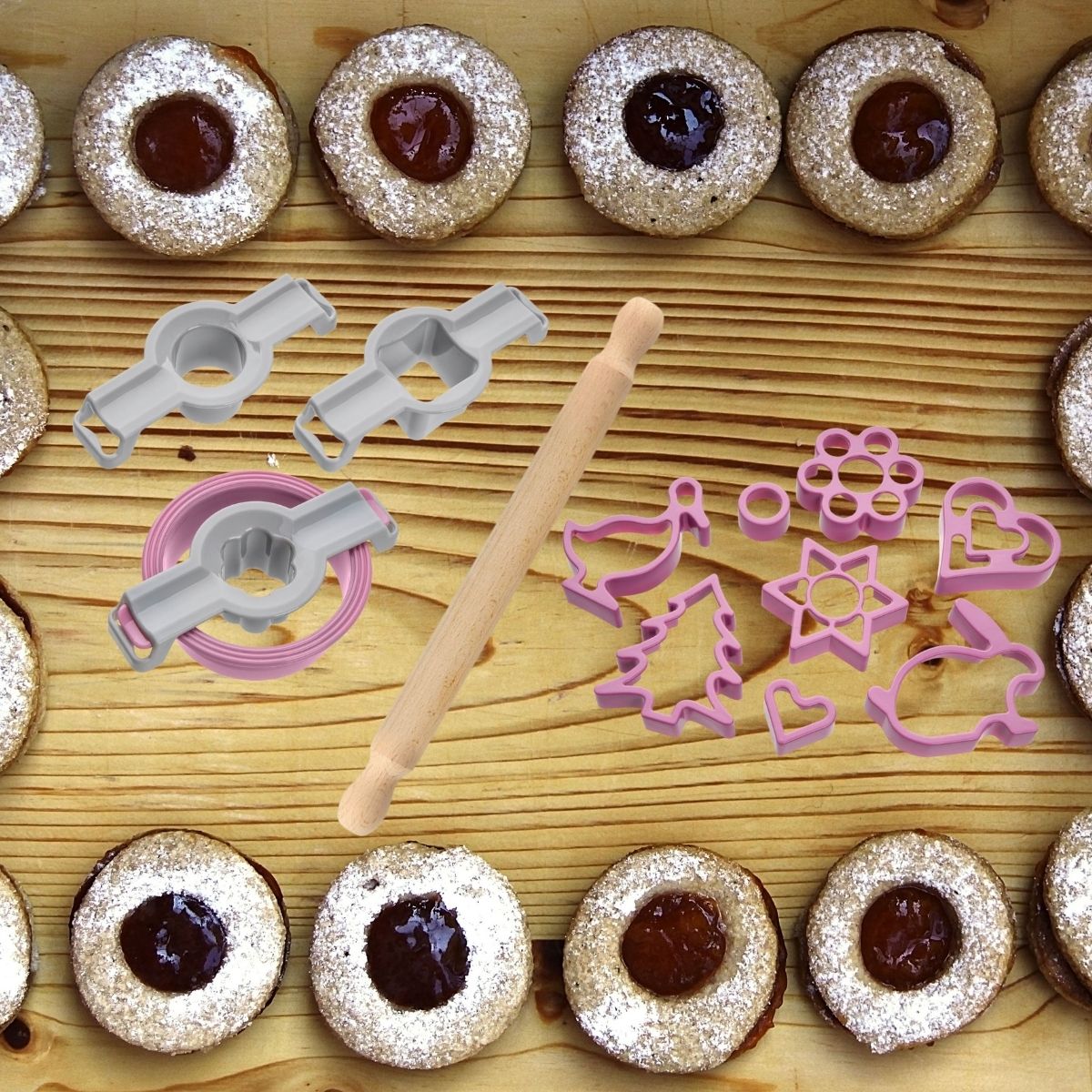 Ensemble pour biscuits Linzer emporte pièces et rouleau en bois Zenker - Mathon - 2
