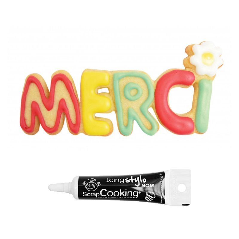 Découpoir à biscuits en inox Merci + Stylo de glaçage noir Scrapcooking - Mathon
