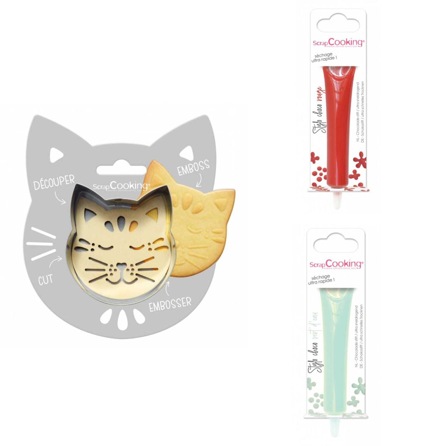 Kit pour biscuit en relief Chat + 2 Stylos au chocolat rouge et vert d