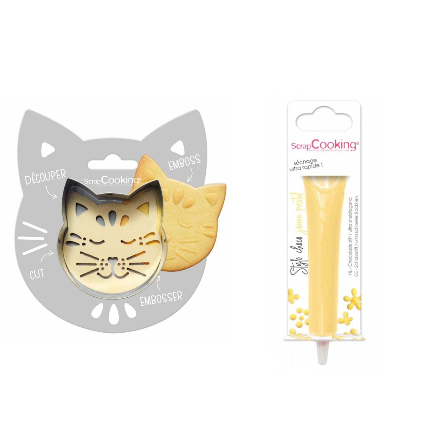 Kit pour biscuit en relief Chat + Stylo au chocolat jaune pastel Scrapcooking - Mathon