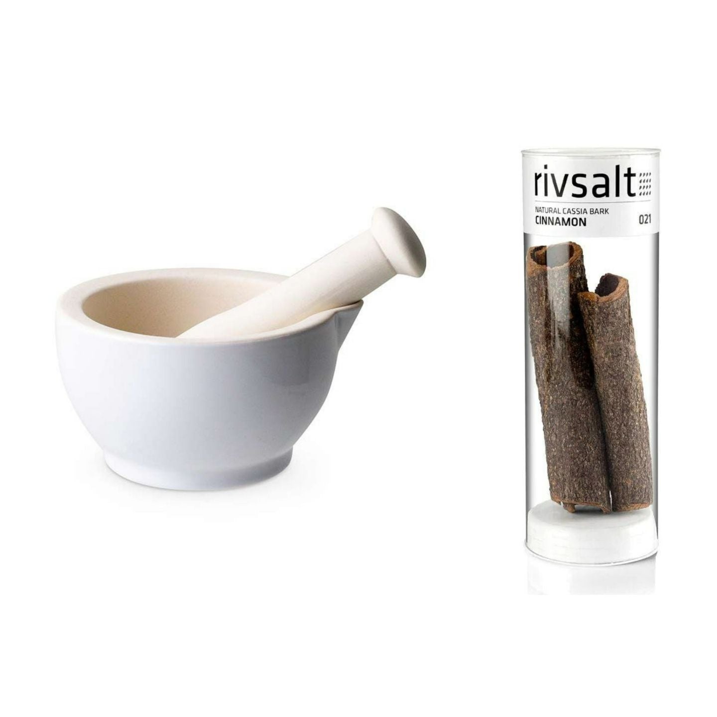 Mortier et pilon en grès blanc + Bâton de cannelle - 5 g Aromandise - Mathon