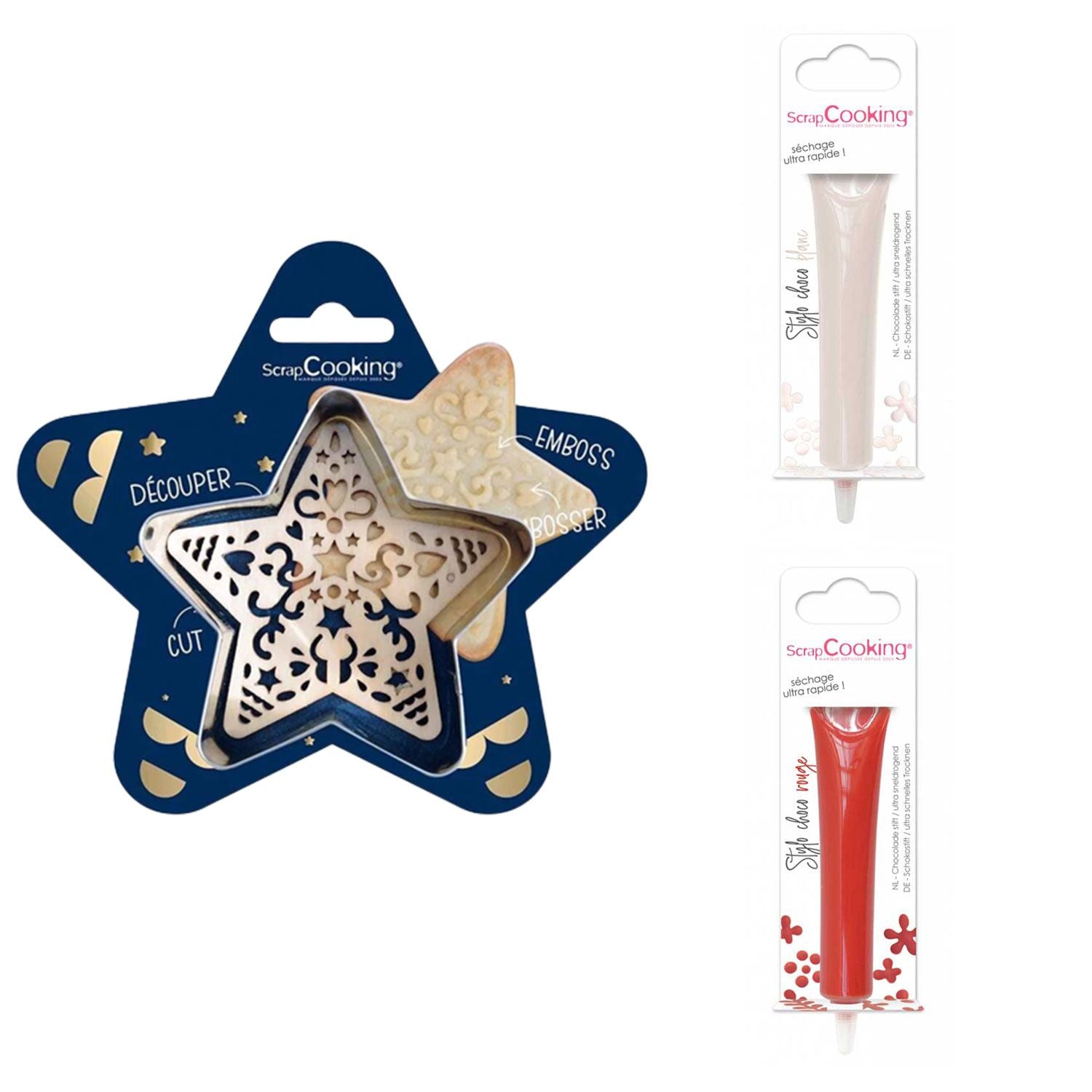 Kit pour biscuit en relief Étoile + 2 Stylos au chocolat blanc et rouge Scrapcooking - Mathon