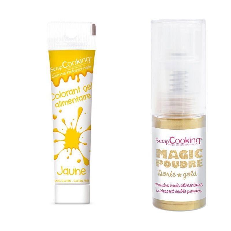 Gel colorant alimentaire jaune + Poudre alimentaire irisée dorée Scrapcooking - Mathon