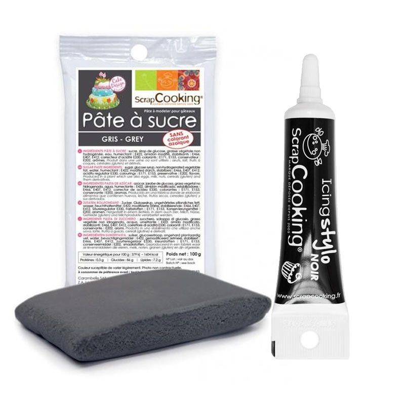 Pâte à sucre grise 100 g + Stylo de glaçage noir Scrapcooking - Mathon